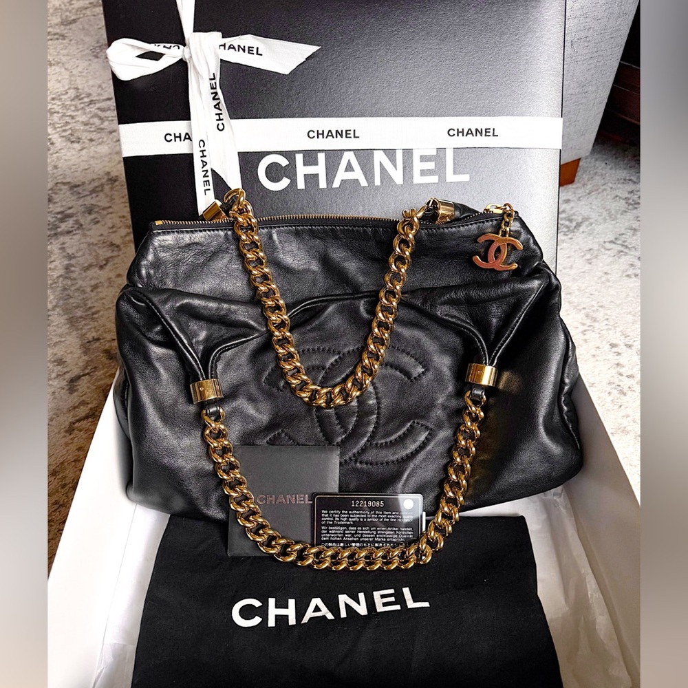 SOLD❌CHANEL RODEO DRIVE BLACK LEATHER CC GOLD CHAIN HOBO SHOULDER BAG + Box - Picture 5 of 16